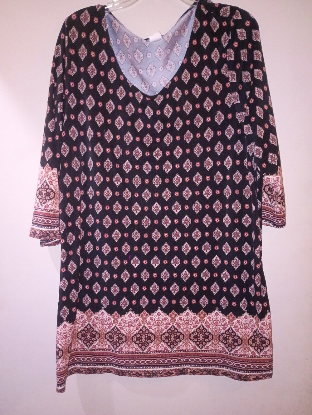 Star Vixen Black Tunic with Burgundy and Cream Border Print